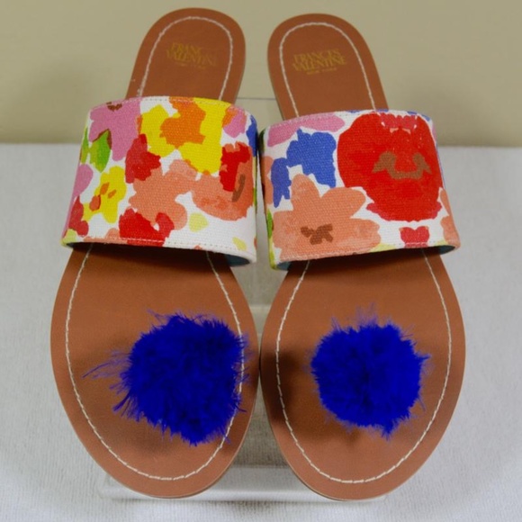 Frances Valentine Multicolor Floral Flats with Blue Pom Pom - Picture 3 of 8
